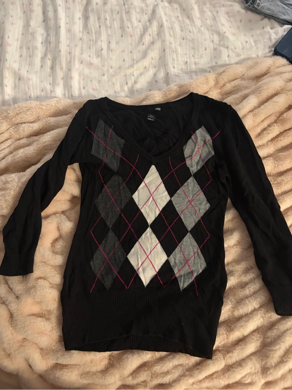 Black Argyle V-Neck Sweater with Pink Accents
